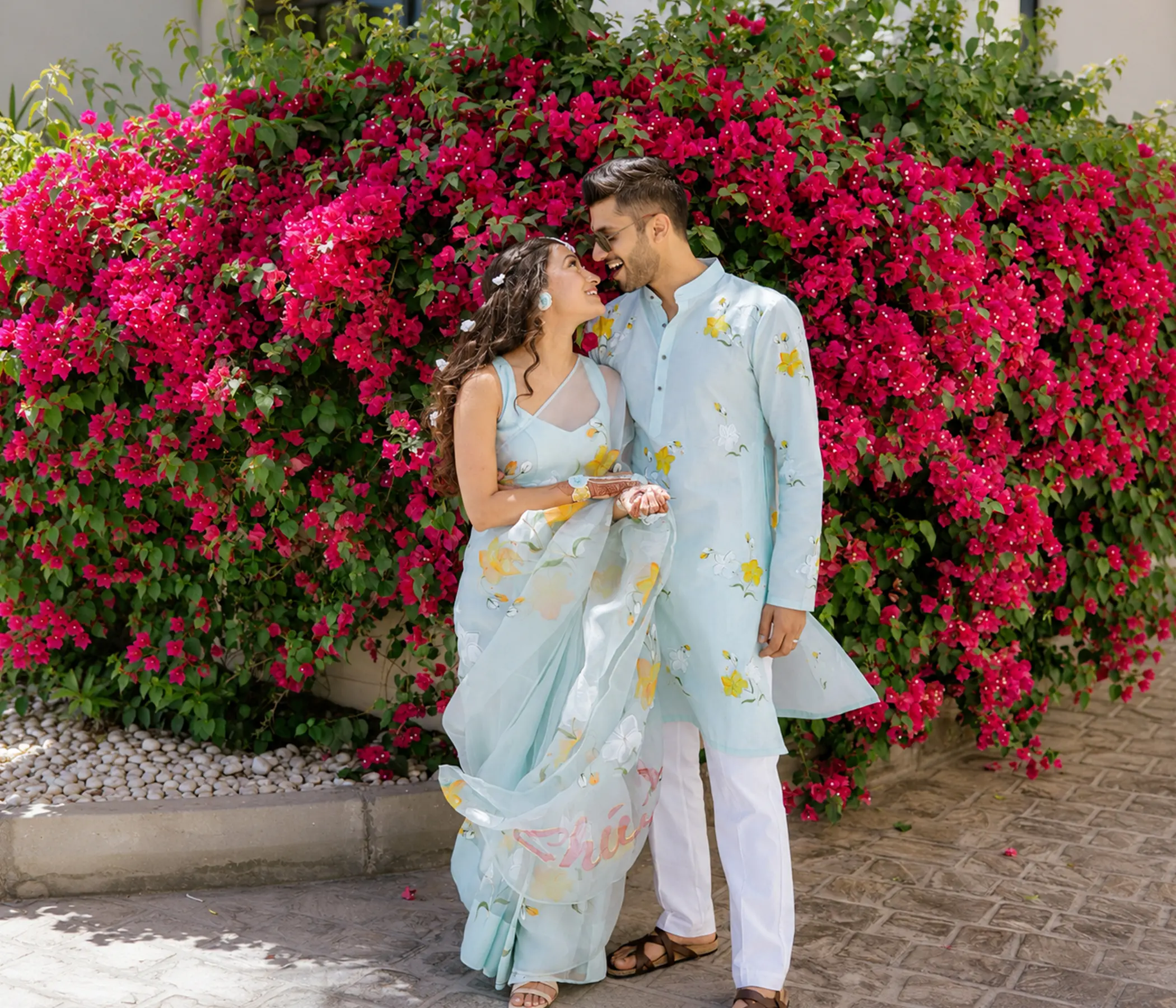 Hand Painted Matching Colour Combo Dress set for Couple | Personalized Organza Saree & Men's Kurta Set